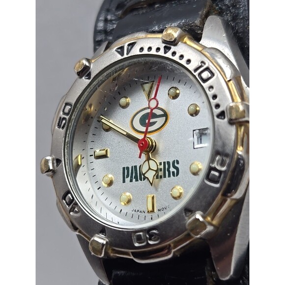 Womens Green Bay Packers Quartz Watch Date Gold Silver Leather Cuff New Battery - Picture 4 of 12
